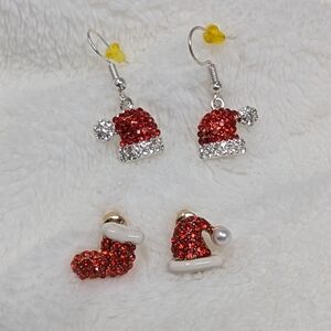 Christmas Earrings Bundle of 2 Bejeweled Drop and Stud Earrings Santa Hat
